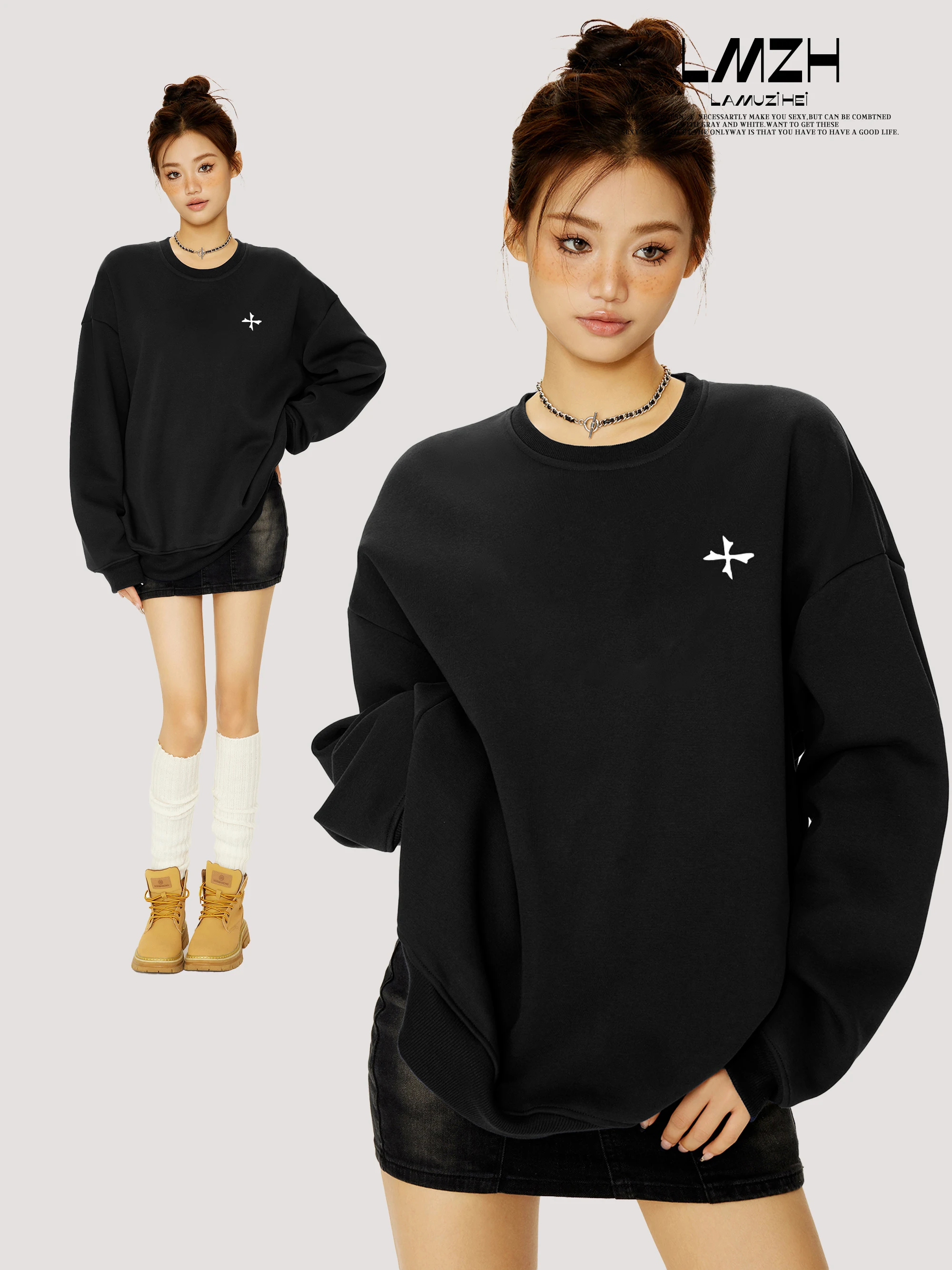 

Ретро-свитшот в американском стиле с флисовой подкладкой, женский, свободного кроя, осенне-зимний, модный, стройнящий топ, черный, без капюшона