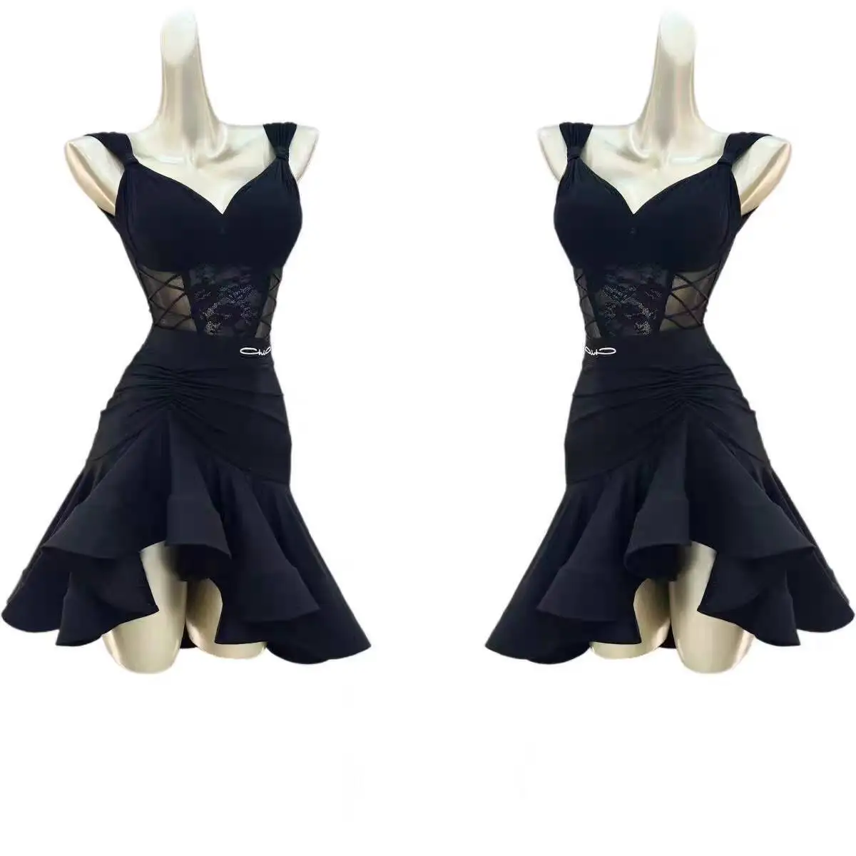 ชุดเต้นรำลาตินสีขาวสำหรับผู้หญิง ชุดซ้อมเต้นเซ็กซี่แบบสองชิ้น กระโปรงบานใหญ่ทรงก้างปลา เสื้อรุมบ้าสำหรับผู้หญิง สีดำ สำหรับงานกาล่า