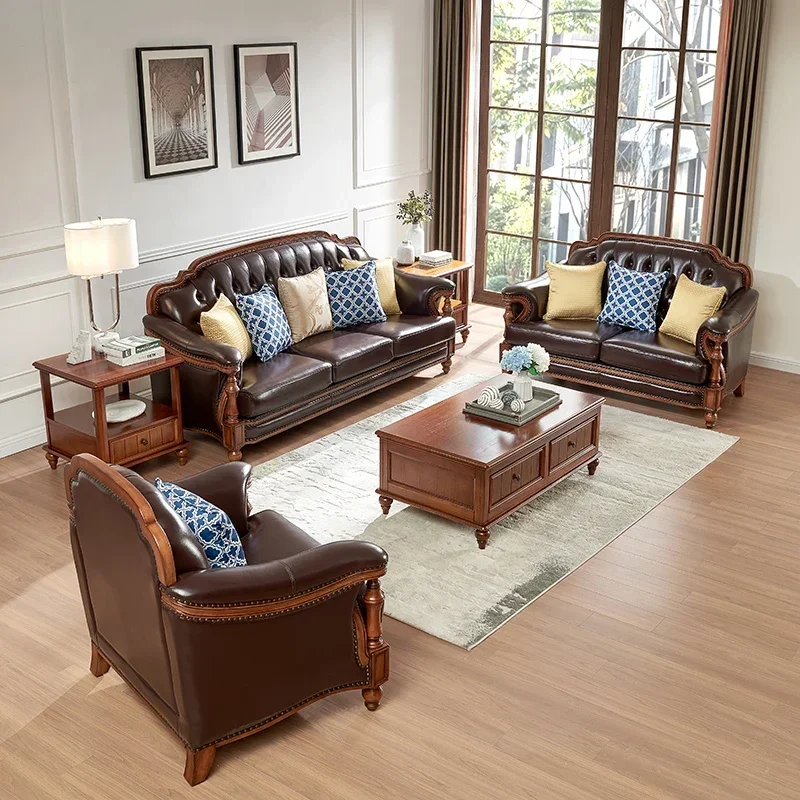 

HLZ sofa combination first layer cowhide light luxury pastoral L-shaped three-person