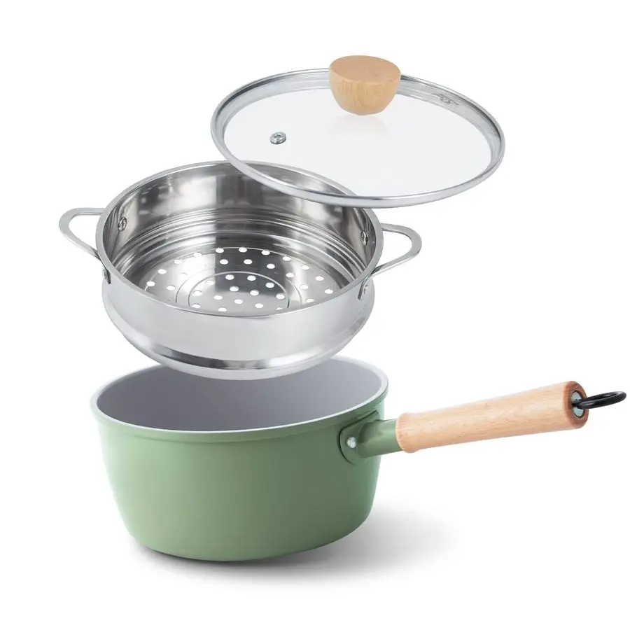 

Керамическая кастрюля с антипригарным покрытием, 3-литровая кастрюля с пароваркой, нетоксичная, без ПФАС, деревянная ручка для комфортного захвата, универсальное дно для газовых и электрических плит.