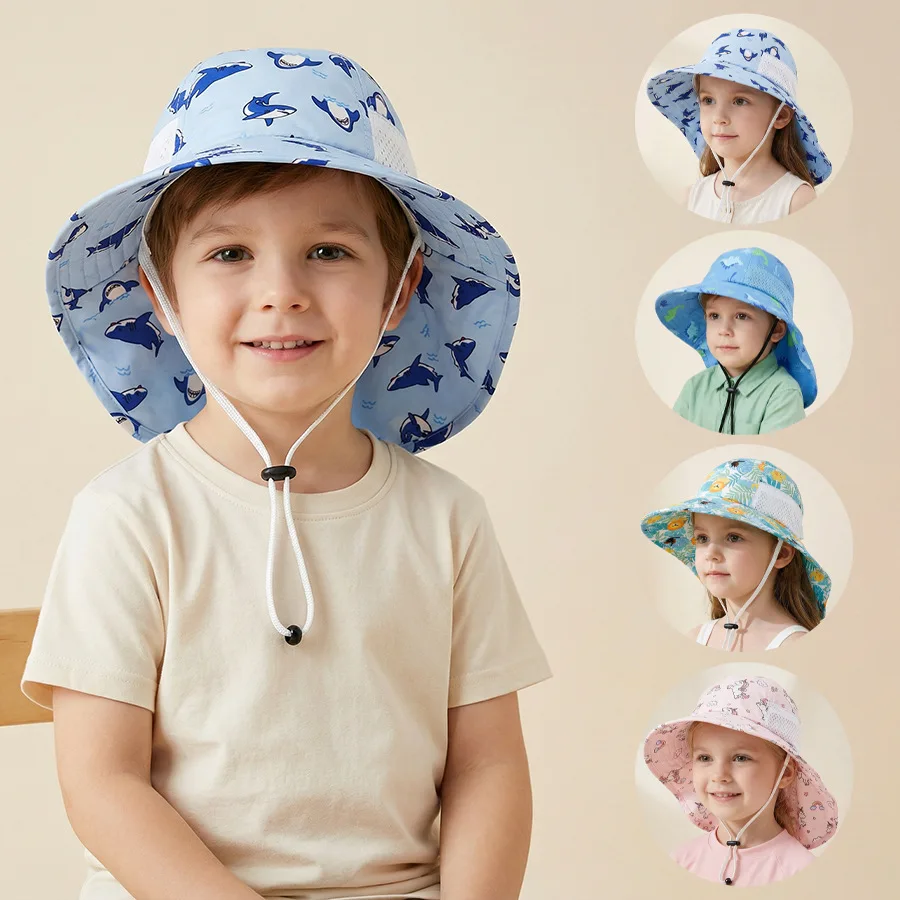 1-2Y 3-5Y 6-10Y Children's Sun Protection Hat 2026 Spring/Summer Lightweight Boys and Girls Printed Bucket Hat Beach Sun Shawl S