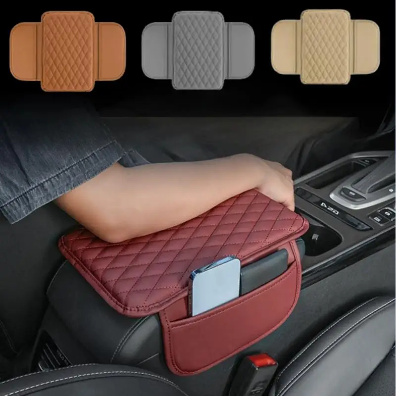 Car Armrest Cushion Universal Elbow Support Cushion Universal Arm Rest Box Cover Pad with Both Side Storage Bag PU Leather