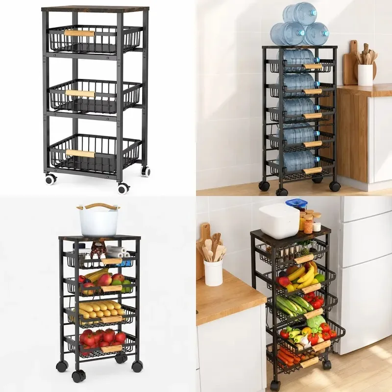 Heavy Duty Metal Stackable Kitchen Vegetable Storage Rack Multi Layer Floor to Ceiling Organizer with Pull Out Basket