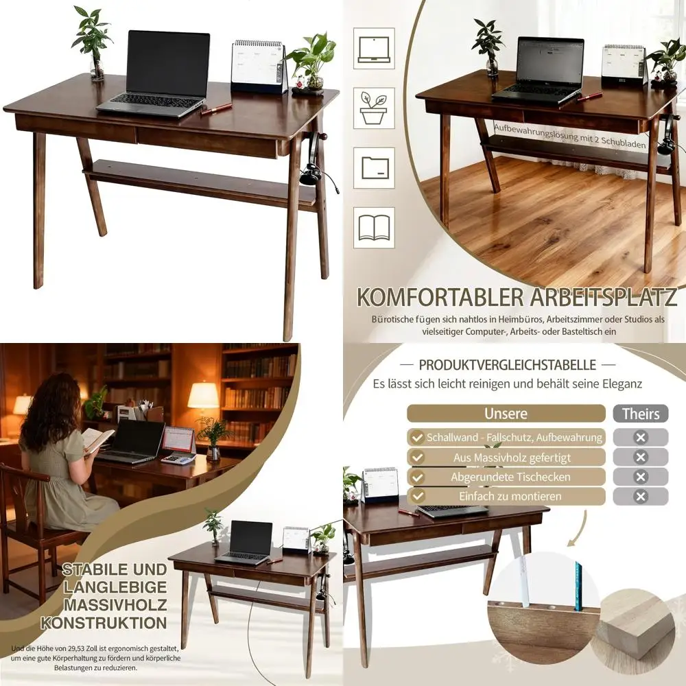 

Mid-Century Modern Solid Wood Desk with Drawers and Bookshelf, Compact Computer Desk for Small Spaces