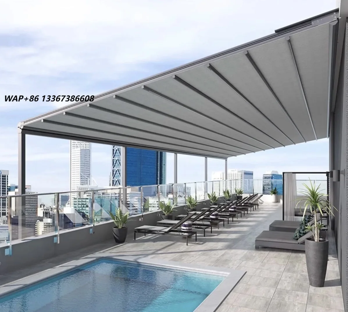 Outdoor Waterproof Retractable Folding Roof Awning Pergola Powder Coated Frame with Rain Wind Sensors