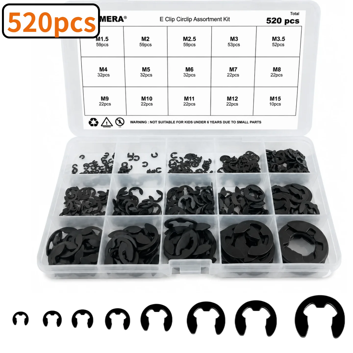 375/520Pcs M1.5-M15 Black Alloy E Clip Set External Retaining Ring Assortment Kit Metric Circlip for Shaft Bearing Hardware