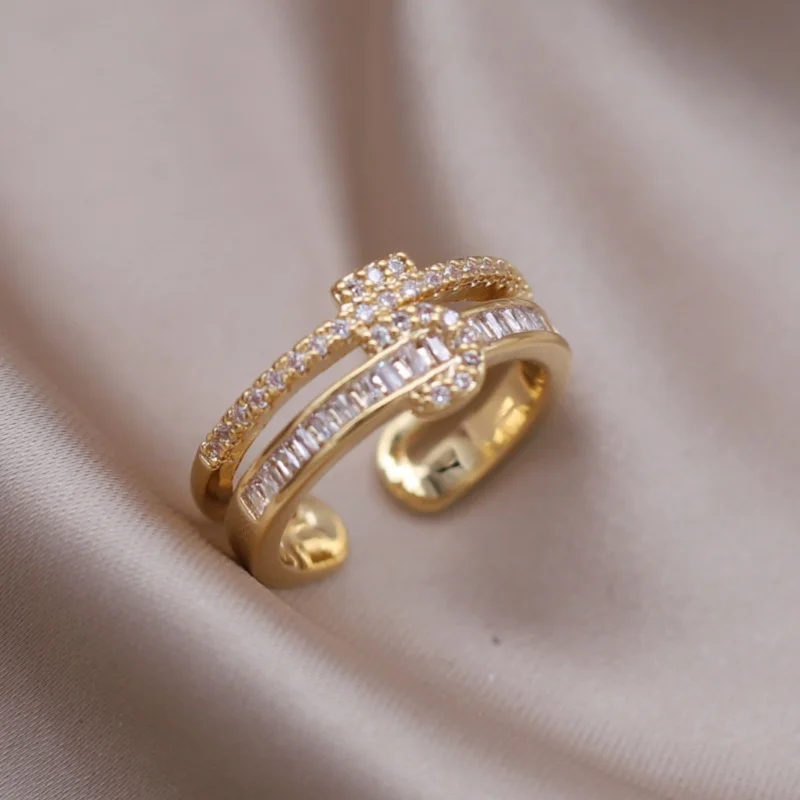 Anillo abierto de circón doble digital para mujer, joyería de moda de Corea del Sur, accesorios de noche elegantes, 5 anillos abiertos, lujo, nuevo diseño