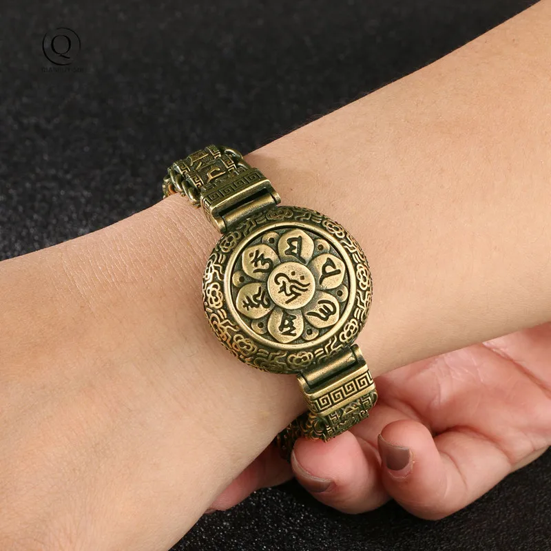 Brass Buddhist Scriptures Cuff Bangles Pure Copper Buddhism Mantra Lucky Bracelets Vintage rotating Women Men Hands Jewelry