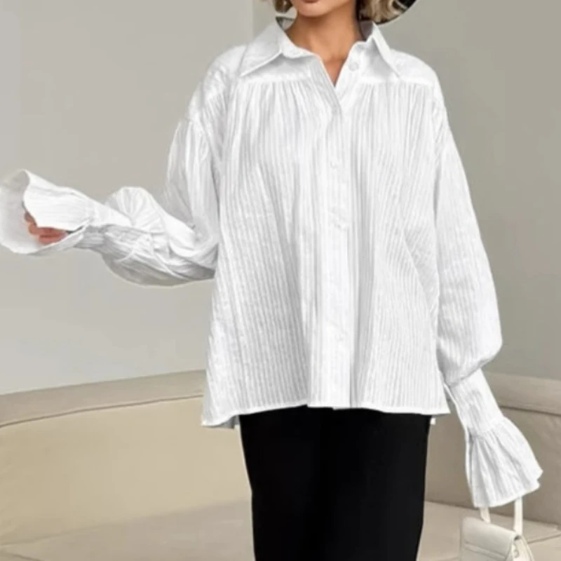 Camicia corta elegante bianca nuova chic da donna Manica lunga svasata a petalo Bavero con volant a pieghe Camicia monopetto dolce a-line Top