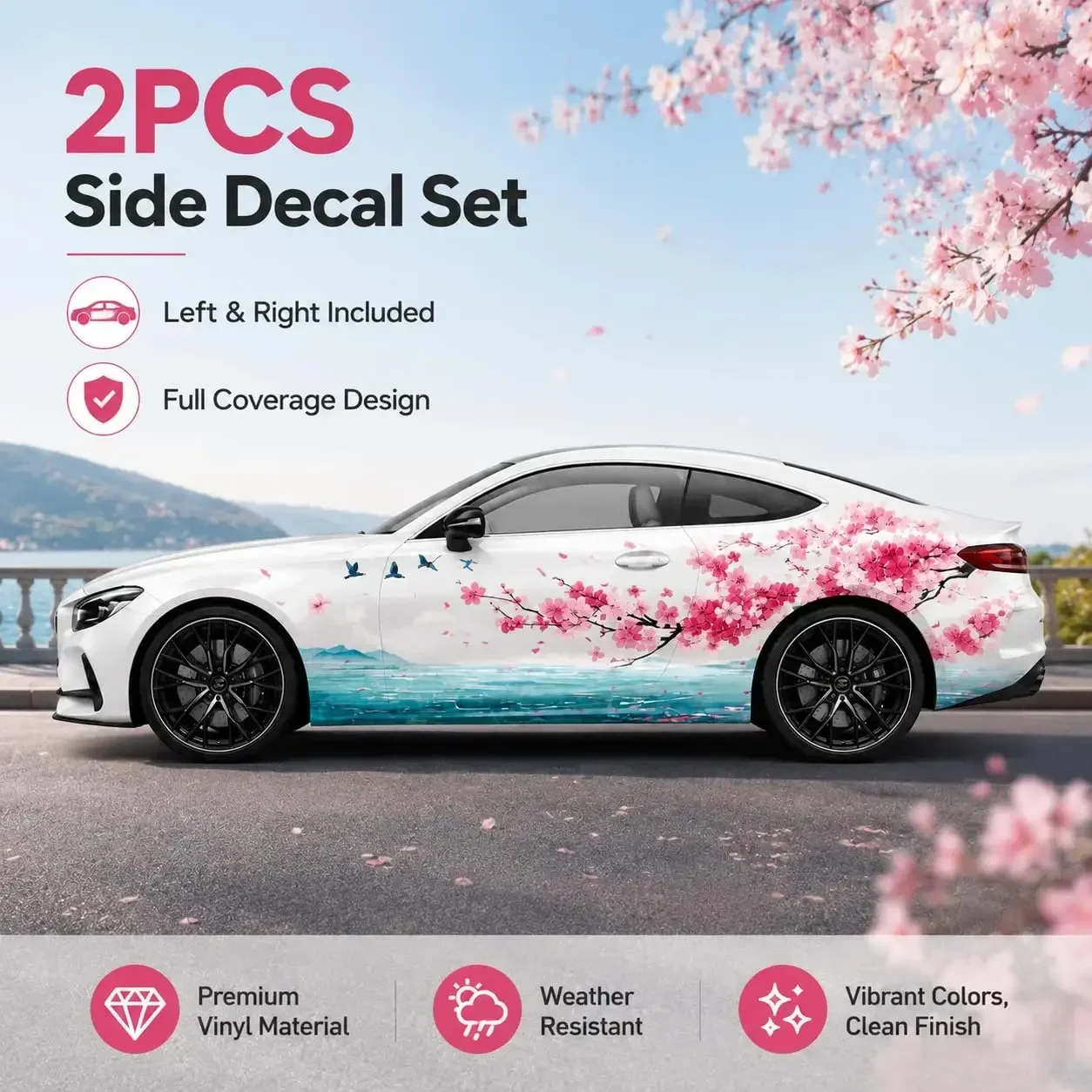 2PCS Car Side Decals Cherry Blossom Vinyl Wrap – Pink Floral Ocean Landscape Auto Body Stickers