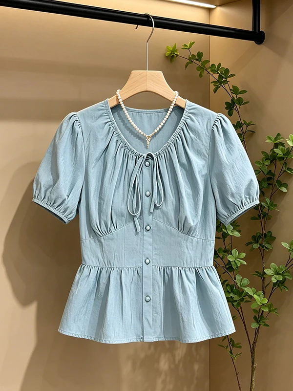 

Loose Drawstring Short Sleeve Shirt Women's Fashion Sensation Summer 2026 Korean Style Casual Breathable Skin-friendly