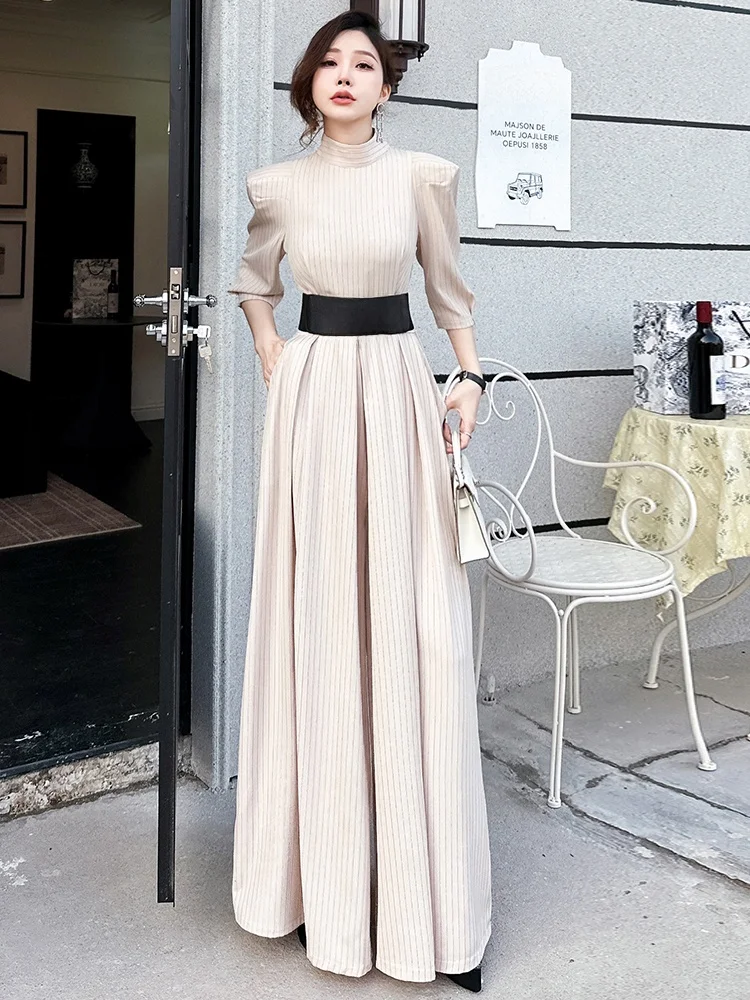 Schlankmachende Streifen-Hose mit Hoher Taille, Drapiert, Fünf-Taschen-Weites Bein, Lange Hose mit Hoher Taille, Originaldesign Damenmode