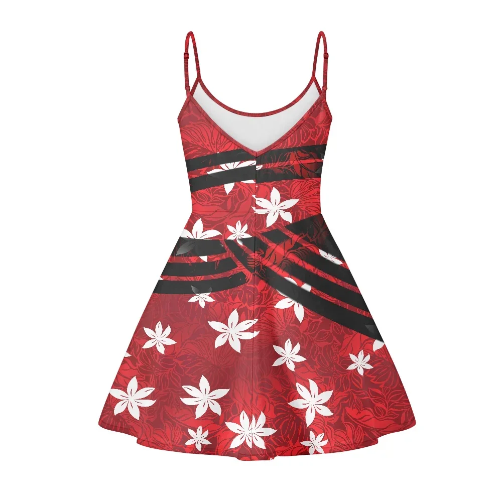 Summer Women Mini Slip Dress Spaghetti Strap Polynesian Tribal Clothing Samoan Fijian Red Tiare Sublimation Print For Beach 2023