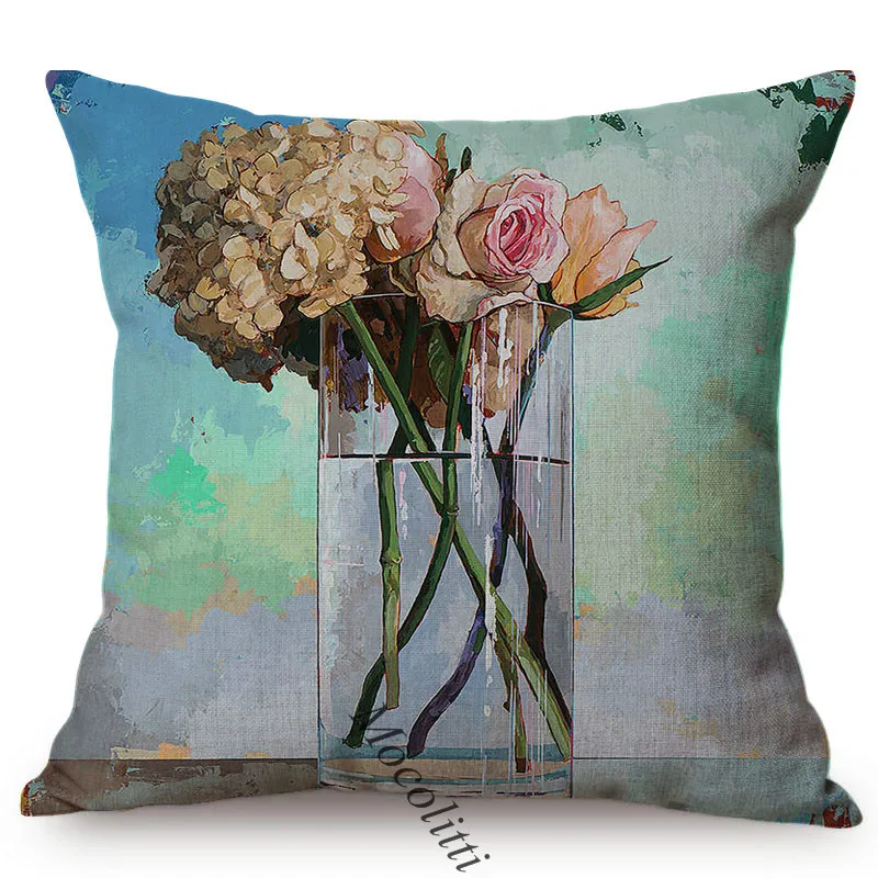 Luxury 3D Florals Oil Painting Art Home Decor Cushion Cover Vase Bouquet Style Office Sofa Decorative Throw Pillow Case Cojines