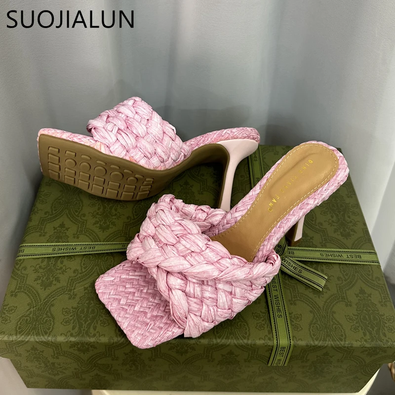 

SUOJIALUN 2024 Summer New Brand Women Slipper Fashion Weave Square Toe Ladies Elegant Slides Thin High Heel Outdoor Beach Slides