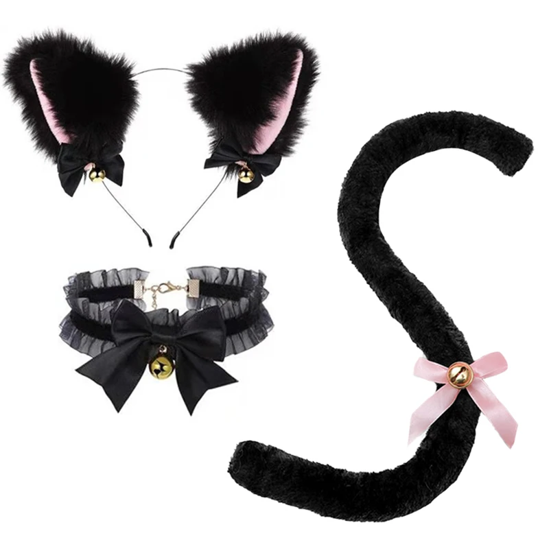 3Pcs/set Furry Foxes Ears Cats Necklace Long Tails Girls Party Cosplay  Headwear Cute Plush Animal Ear Long Fur Tail Dress