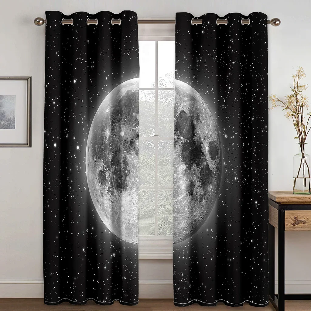 Black Drape 3D Sky Night Starry Earth Stars Moon Modern 2 Pieces Free Shipping Thin Window Curtain for Living Room Bedroom Decor