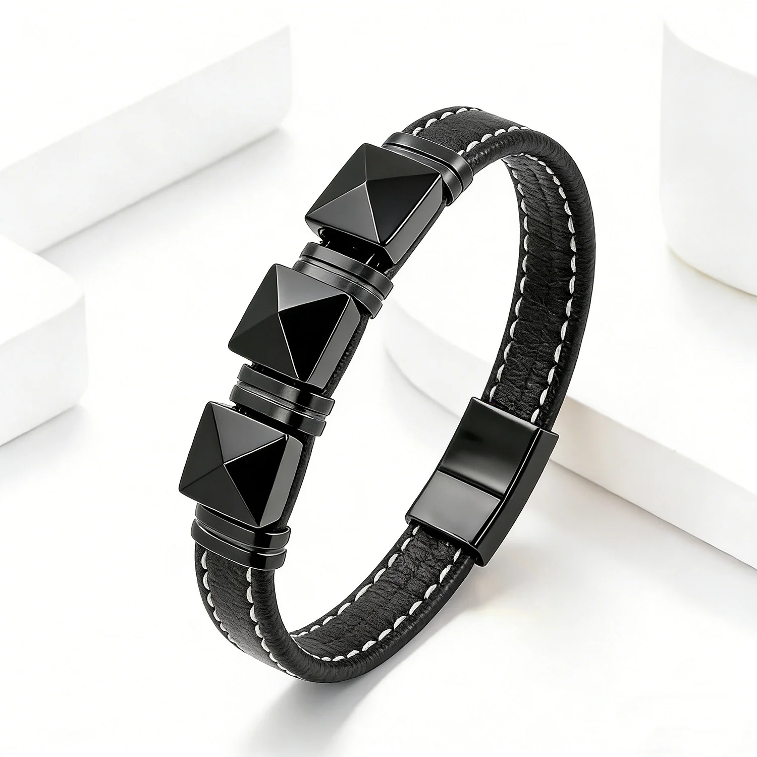 Healing Crystal Pyramid Stone Bracelet for Men – Black Braided Leather, Stainless Steel Clasp, Spiritual Jewelry Gift for Him