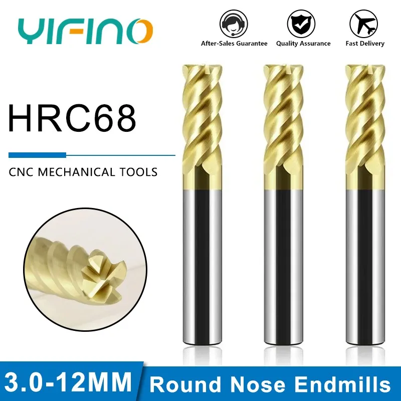 YIFINO HRC68 4-Flute Corner Rounding End Mill Tungsten Steel Carbide Platinum Coating Round Nose Milling cutter For CNC Endmills