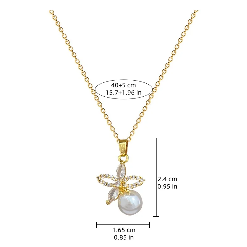 Micro-inlaid Stainless Steel Charm Flower Necklace Earrings Fashion Gorgeous Pearl Temperament Girl Accessories Set
