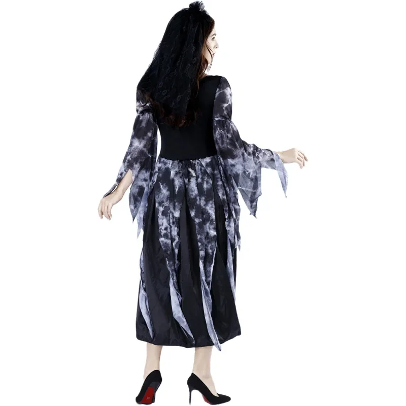 ダーク悪レイヴンゴースト花嫁コスプレドレス女性のためのハロウィンパーティーファンシー衣装魔女ホラーゾンビ吸血鬼長袖ドレス