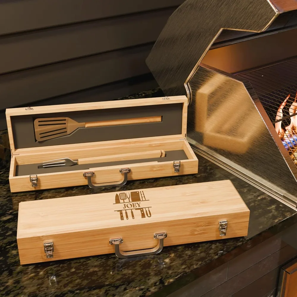 

The Flame Personalized BBQ Tool Set 3 Utensils + Bamboo Box BBQ Grilling Accessories Grill Gifts for Him, Men, Dad