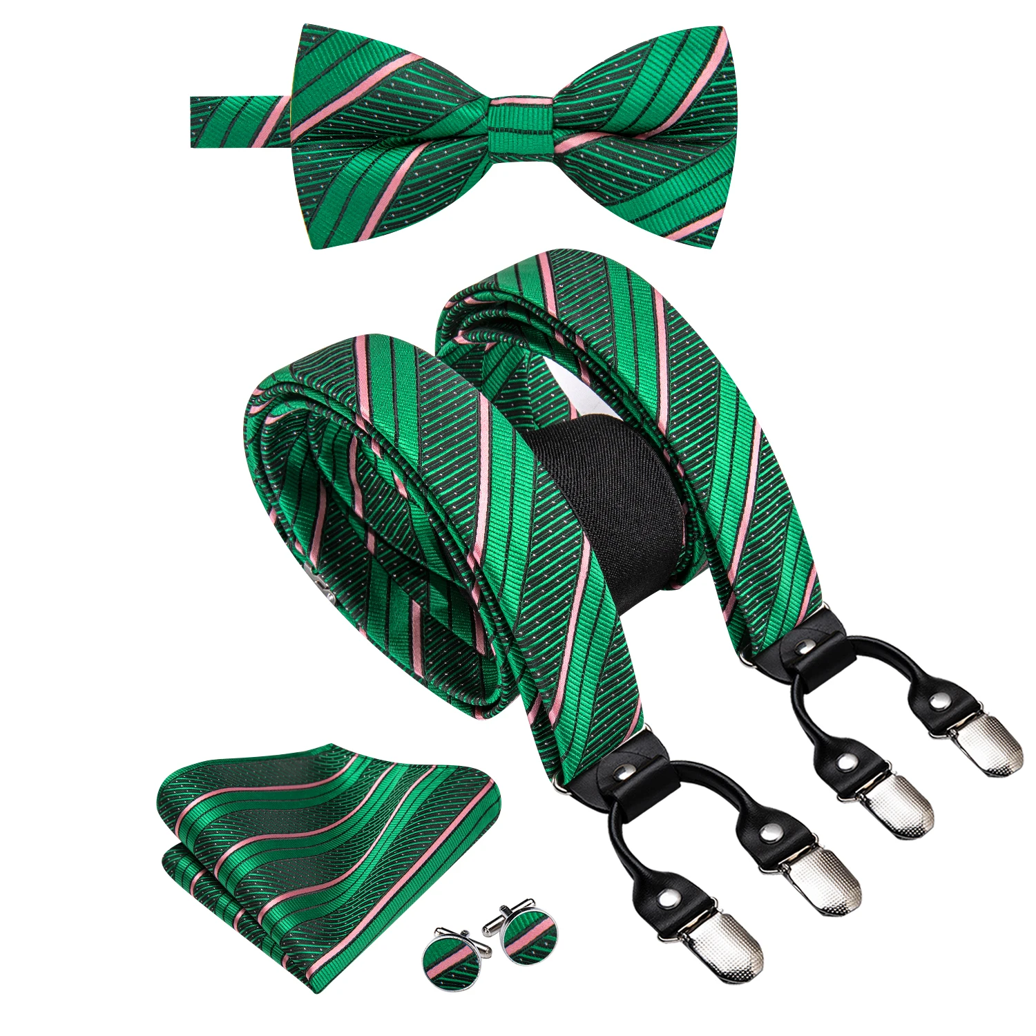 Suspender de seda sólida verde listrado Hi-Tie Bowtie para homens, Hanky Cufflink, clipe ajustável na cinta, masculino casamento negócio, atacado