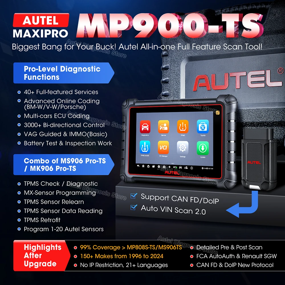 Autel MaxiPRO MP900TS OBD2 Code Reader Car Diagnostics Scanner TPMS Programming Tools CAN FD DoIP Upgraded of MP808S TS MP900BT