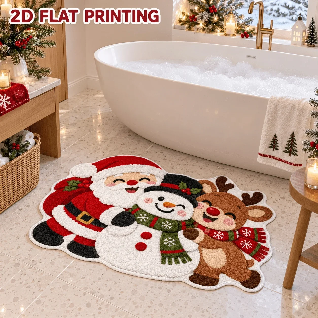 Santa Snowman Reindeer Christmas Bath Mat Soft Plush Xmas Floor Rug Mixed Winter Figure Print For Bathroom Holiday Styling