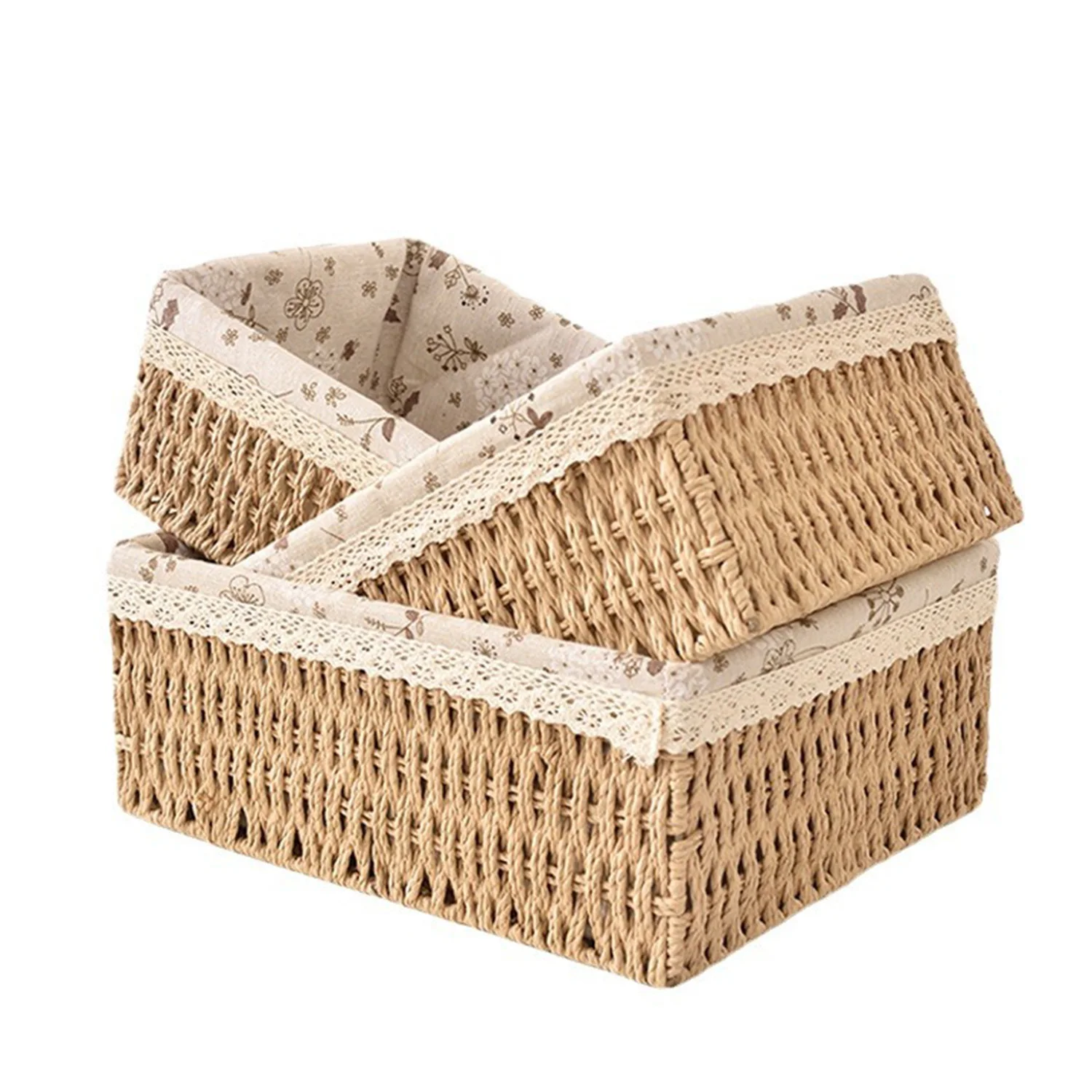 3-Piece Retro Country Style Rattan Storage Basket Set - Cloth Lining - Stackable Storage Basket Home Storage Organization