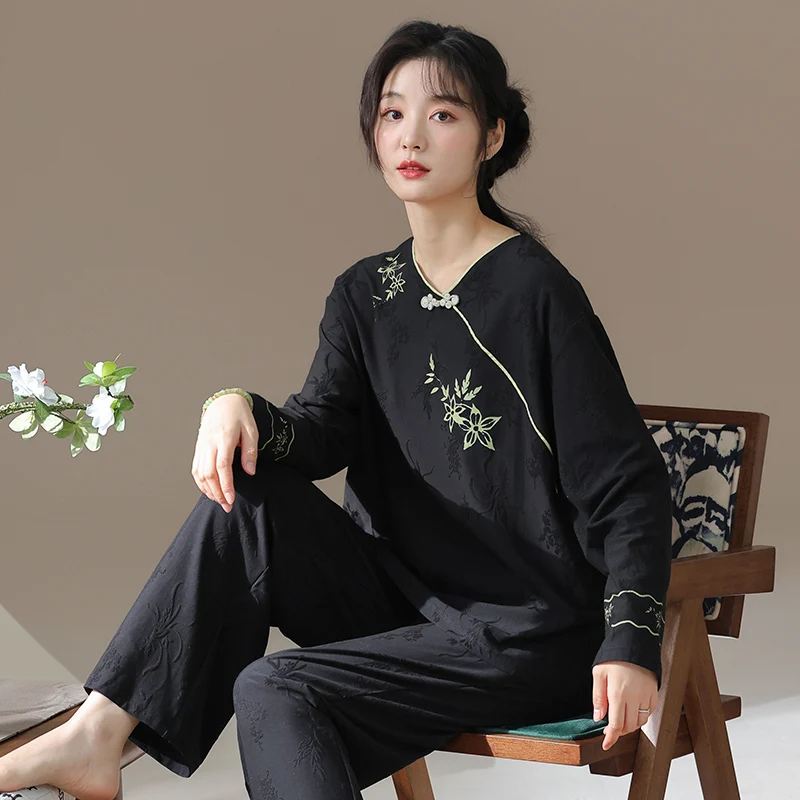 New Autumn Cotton Women Pajamas Set Print Female Homewear Long Sleeve Casual Soft Women's Pyjamas
