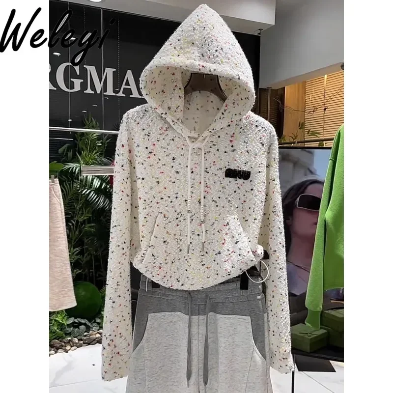 

Cute Women Colorful Dot Hooded Sweatshirt Student 2024 Autumn and Winter New Fashion Sweet Hooded White Pockets Thin Hoodie Top