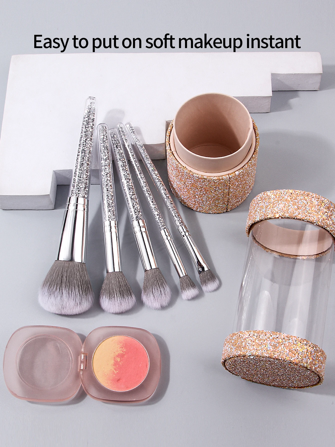 6PCS 고급스러운 메이크업 브러쉬 세트, 다이아몬드 핸들 루스 브러쉬 블러쉬 브러쉬 세트 + 대용량 보관 버킷