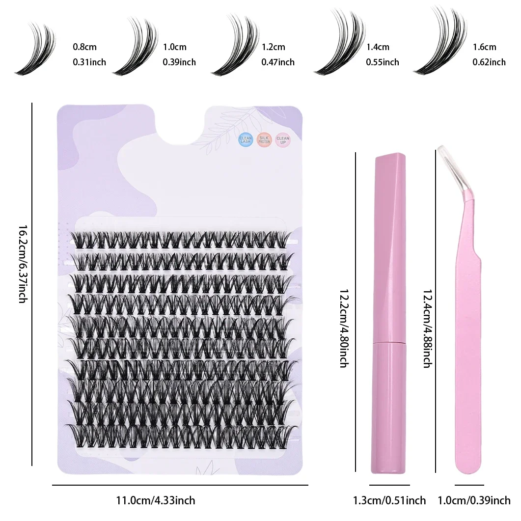 D Curl Cluster-Set für falsche Wimpern mit 200 Wimpernclustern und Wimpernbindung sowie Dichtmittel und Pinzette