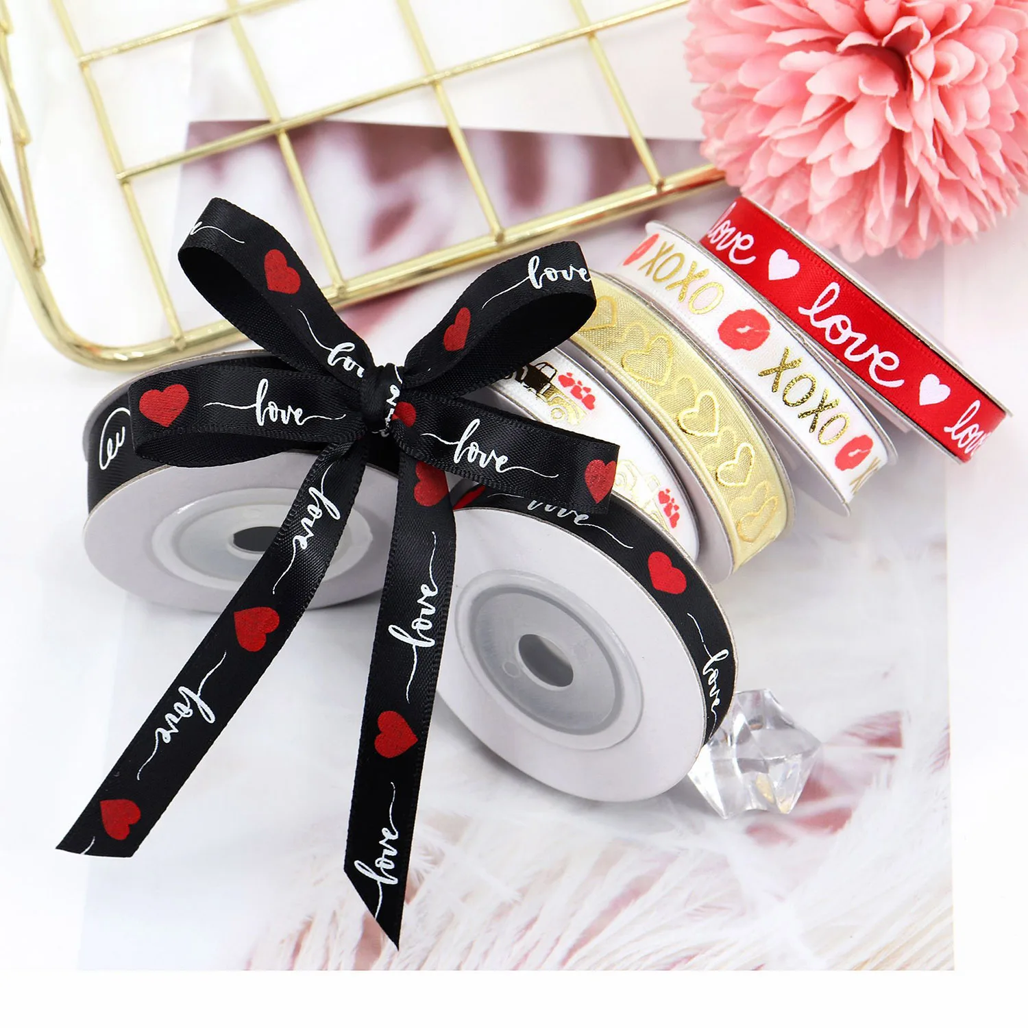 5Yards 10mmWide Valentine\'s Day Sweet Love Printed Ribbon Romantic Wedding Party Decoration Ribbons Flower&Gift Packaging Ribbon