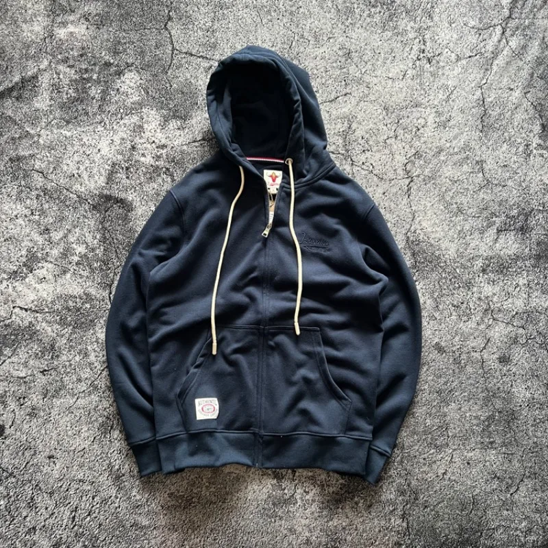 

American Casual Retro Zipper Up Cardigan Hooded Loose Embroidered Loop Spring Autumn Men's Sweatshirts Simple Hoodie 85% Cotton