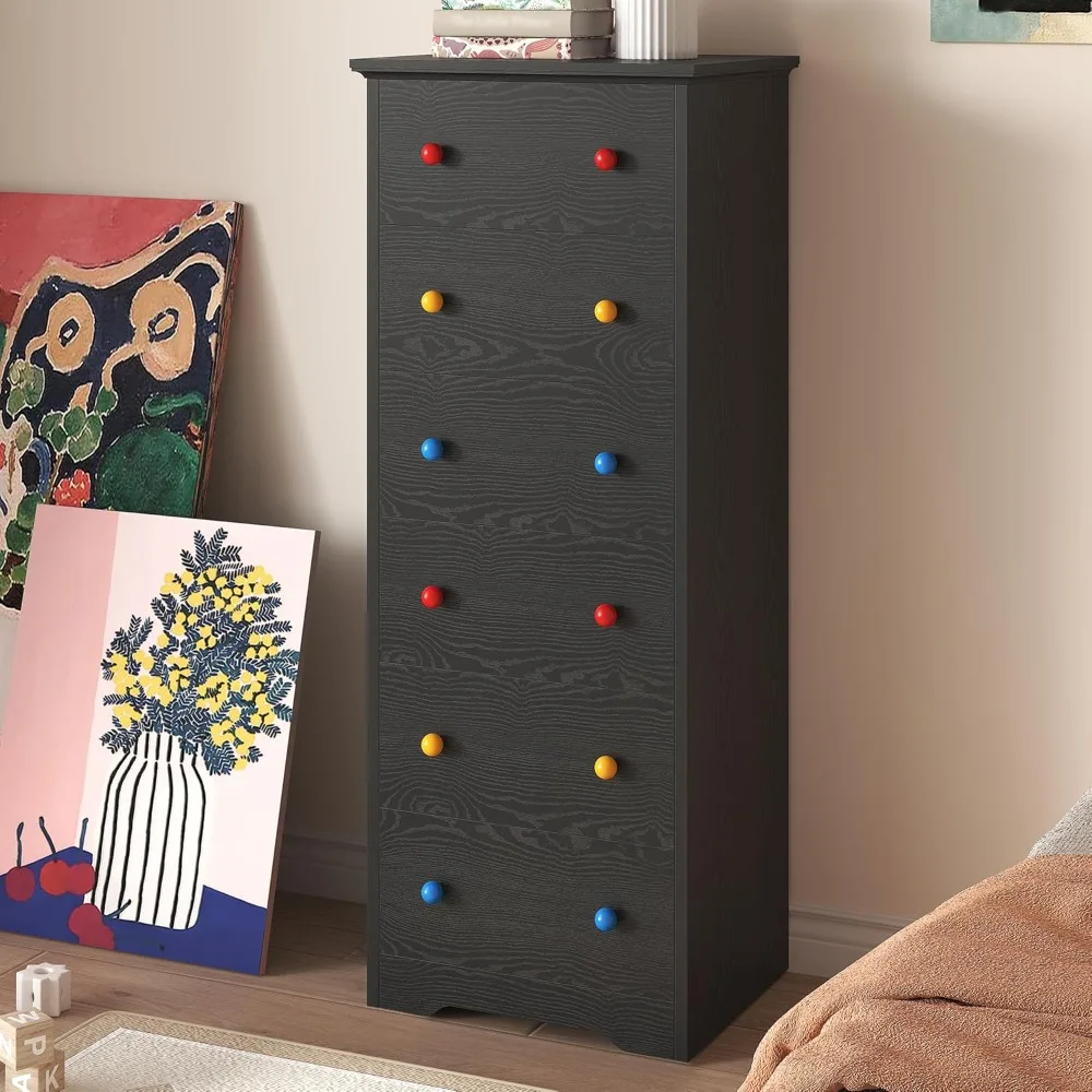 LIKIMIO Tall Skinny Dresser, 6 Drawer Dresser Tall with Colorful Handles, Chest of Drawers for Bedroom, 51.5 H Modern Wooden Sto