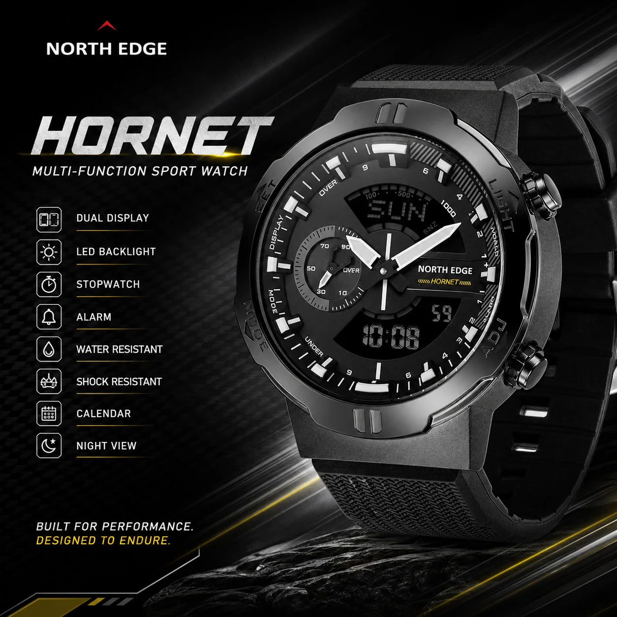 NORTH EDGE 2026 HORNET Men's Digital Watch Running Cycling Sports Watches Waterproof 50M World Time Speed Illuminator Wristwatch