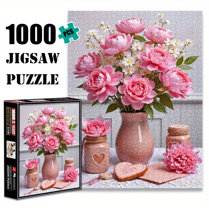 1000pcs Pink Vase Jigsaw Puzzle - Large, Challenging DIY Decoration Game for Adults, Family Interaction, and Brain Teasers - S