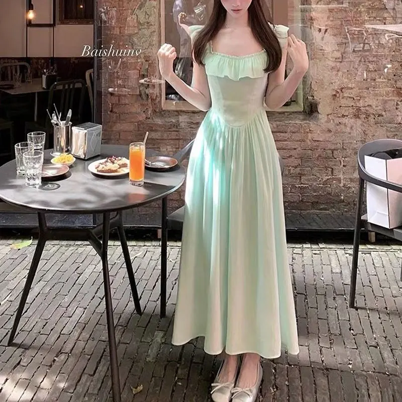 

Платья с квадратным воротником во французском стиле, летняя модная женская одежда с оборками, однотонное милое длинное платье трапециевидной формы на талии