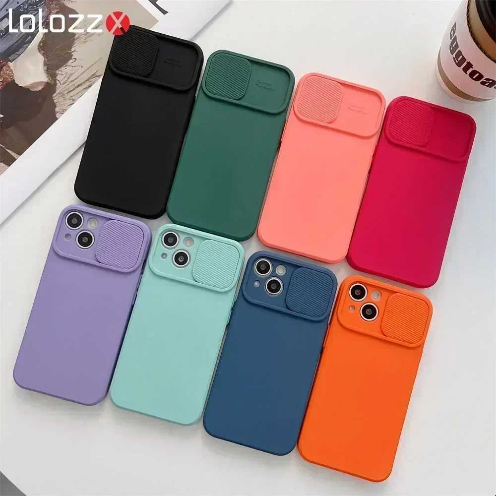 Slide Camera Protection Candy Color Soft Silicone Phone Case For iPhone 15 14 13 12 Plus Bumper Cover