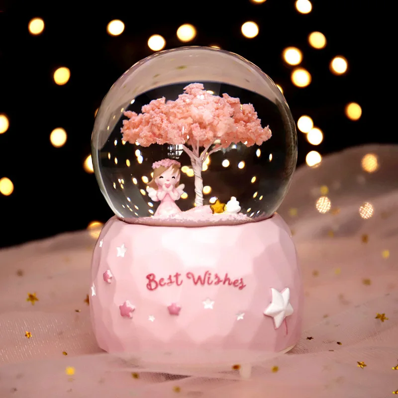 Sakura Girl Angel 3D Crystal Ball Music Box Colorful Light Drifting snowflakes Princess Dream Birthday Party Valentine's Gift ﻿