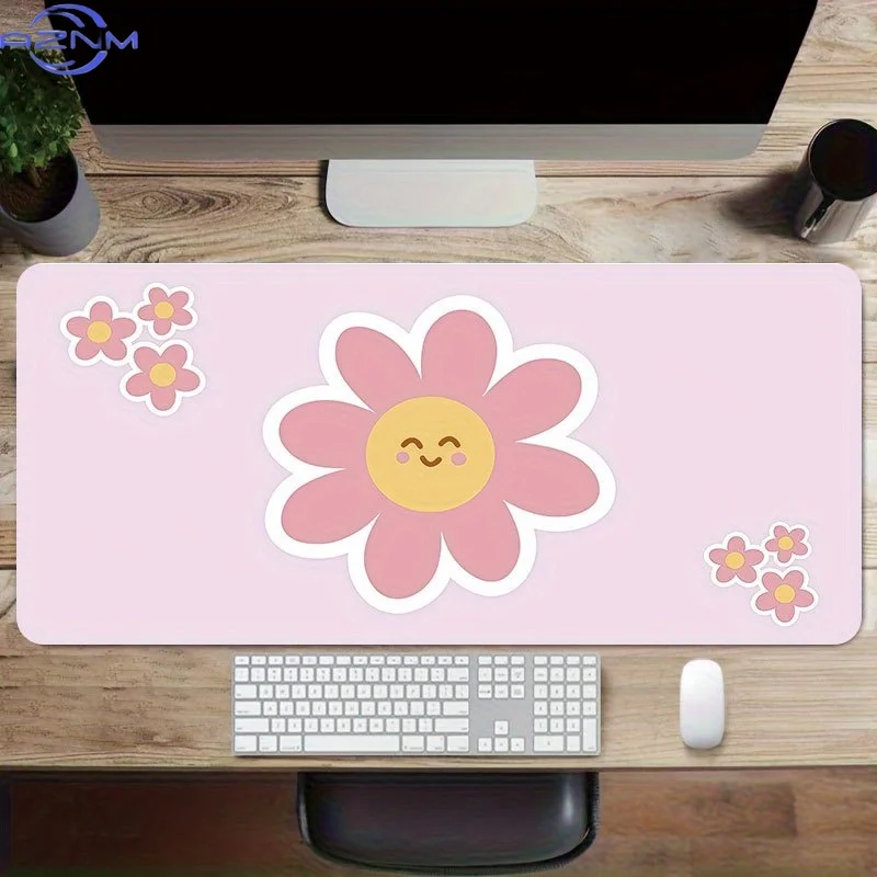 Cute Pink Daisy Mouse Pad  cm Non-Slip Extended Keyboard Mat with Smiling Flower Design, Precision Sewn Edges & Smooth Surface -