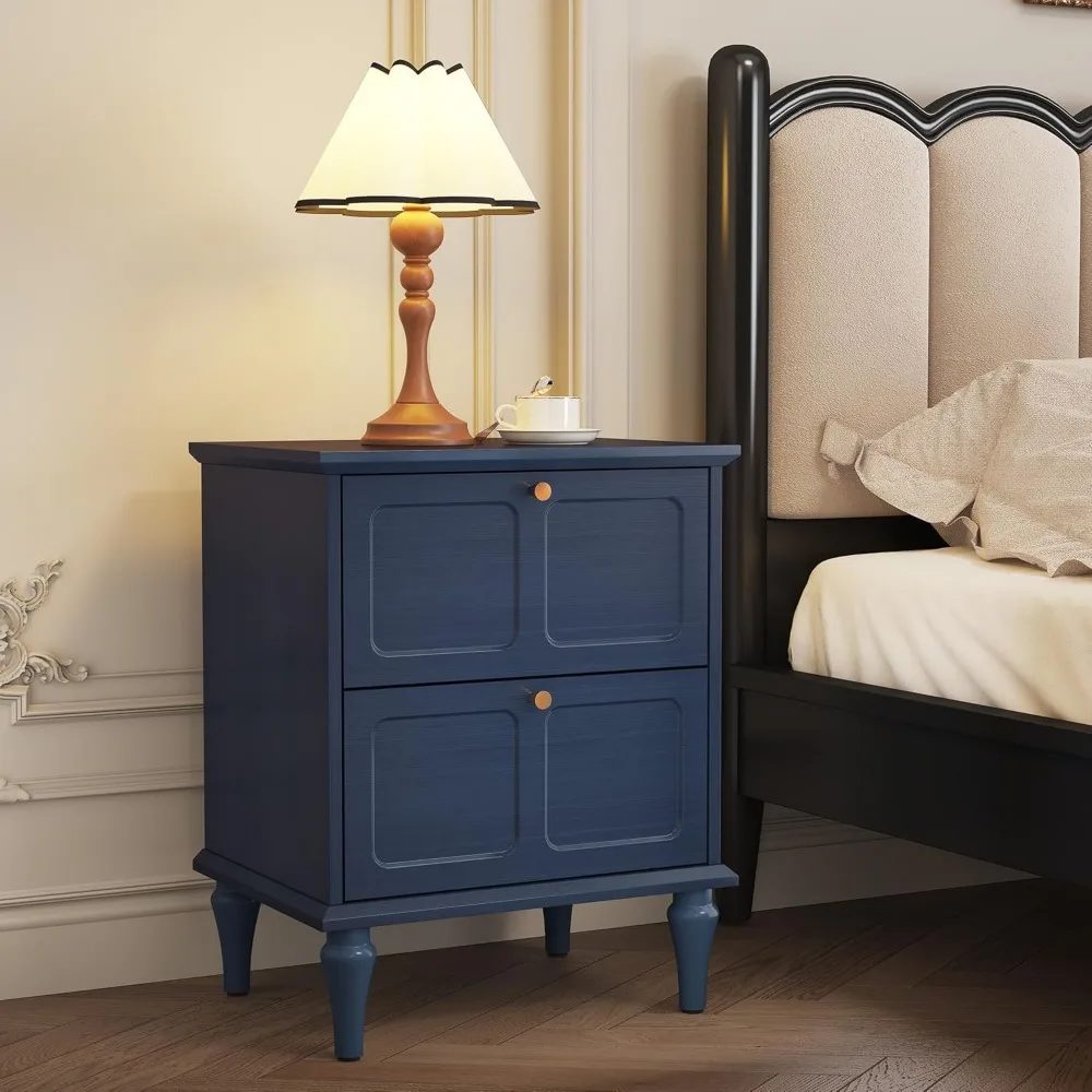 Par de mesitas de noche modernas de mediados de siglo, cajones de almacenamiento, patas de madera maciza, mesa auxiliar de madera, manijas de metal dorado, muebles de dormitorio elegantes