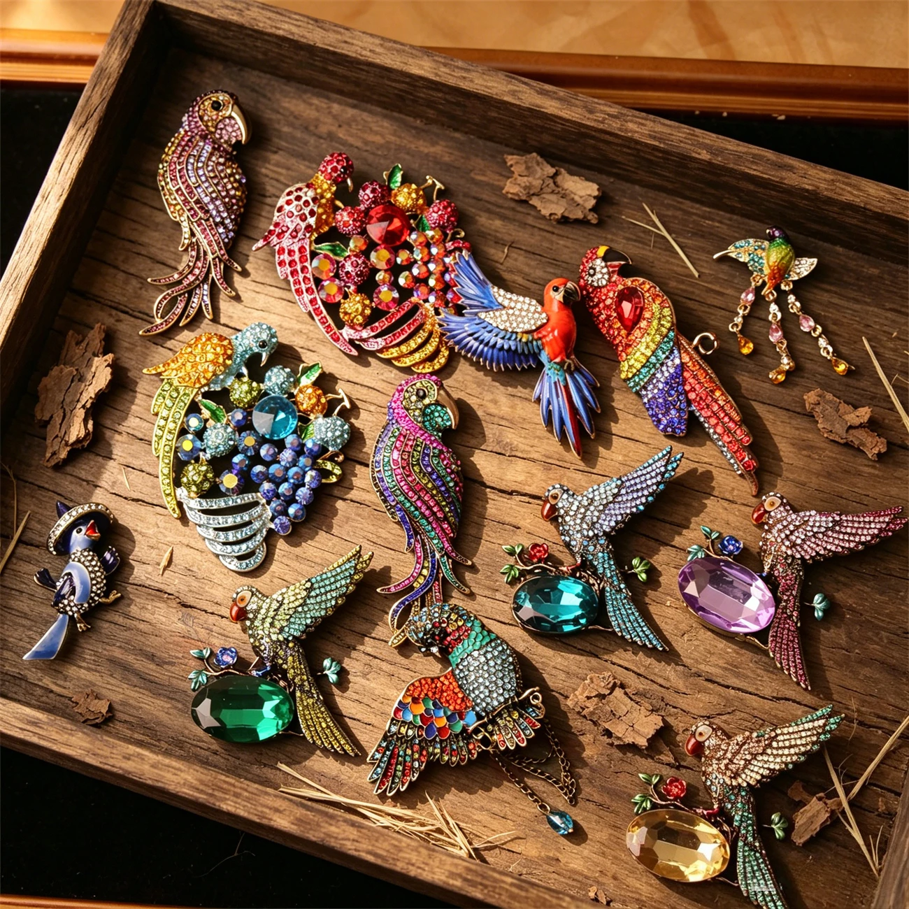 SKEDS Rhinestone Parrot Brooch Vintage Crystal Bird Lapel Pin Multicolor Animal Brooches for Women Coat Suit Scarf Jewelry Gift