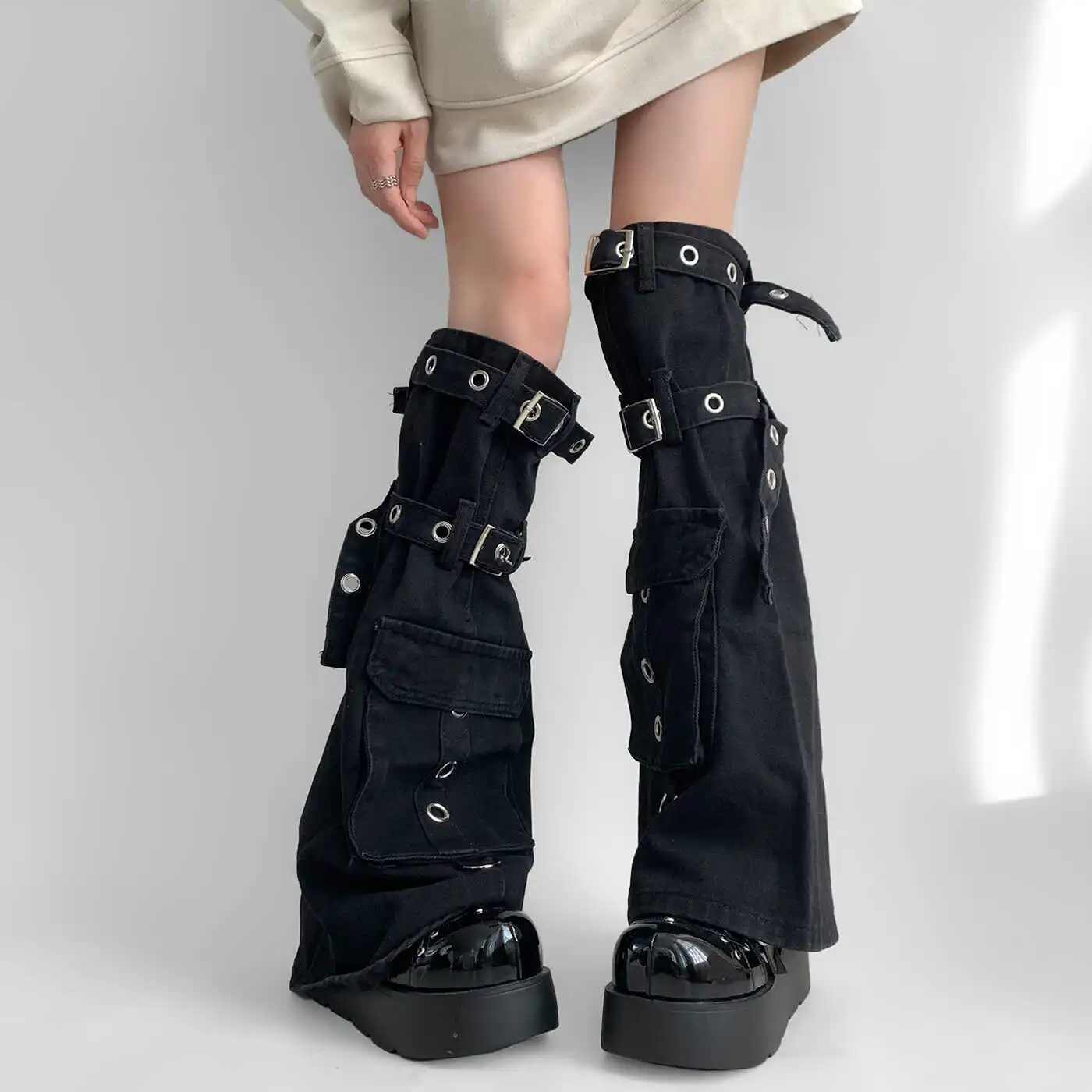 Damen-Overknee-Strümpfe, Cosplay, japanische Lolita-, Punk- und Gothic-Strümpfe im Y2K-Stil, Stiefelüberzüge mit Metallschnallen, lange Beinüberzüge. – Detail 3