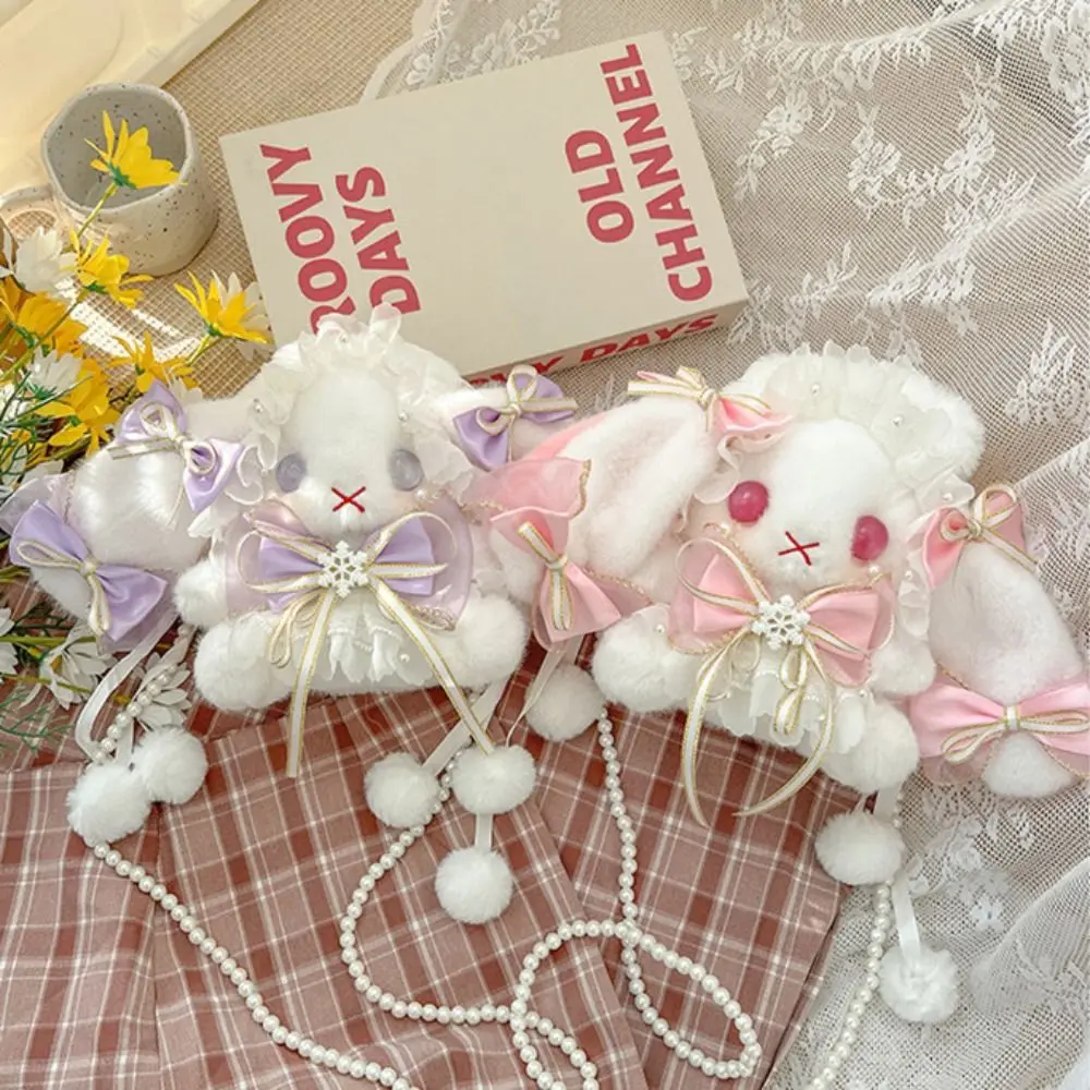 New Cute Bunny Plush Bag Lolita Element Shoulder Bag Kawaii Princess Sweet Pearl Chain Crossbody Bags Long-eared Rabbit Purse