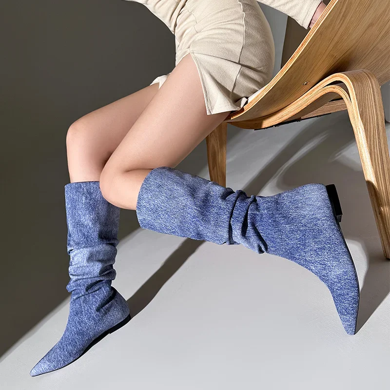 Silver Flat Bottomed Fashion Pleated Boots Big Size 36-47 Stone Grain Knee High Boots Pointed Denim Low Heels Sexy Women Shoes