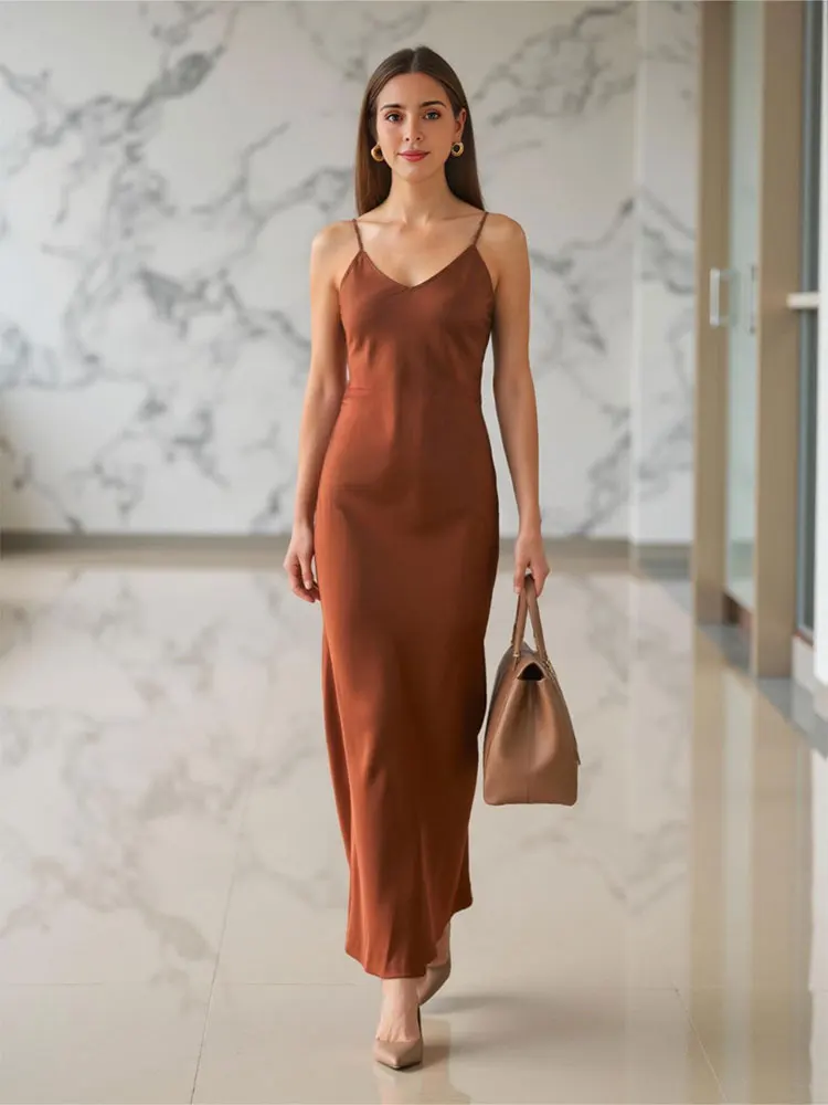 HH レディース エレガント 無地 サテン風 ワンピース 細ストラップ スリム ロングドレス 2025 春夏 セクシー レディース バックレス パーティードレス