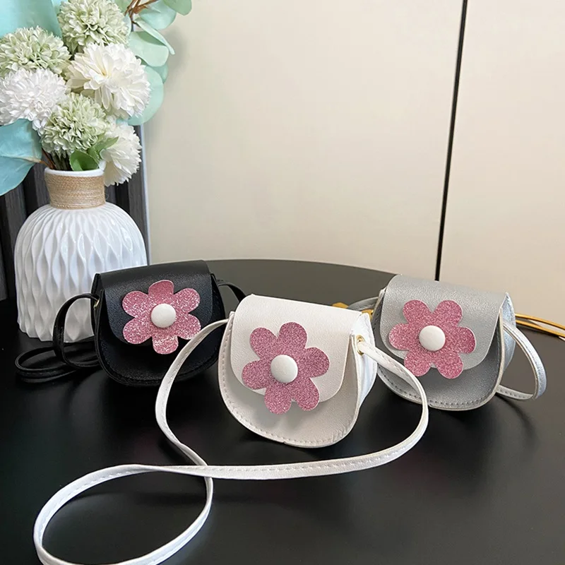 Children Casual Shoulder Bag Solid Color Flower Fashion Cute Sweet Crossover Bag Shopping Party Bag For Girls 1-7 Years Old